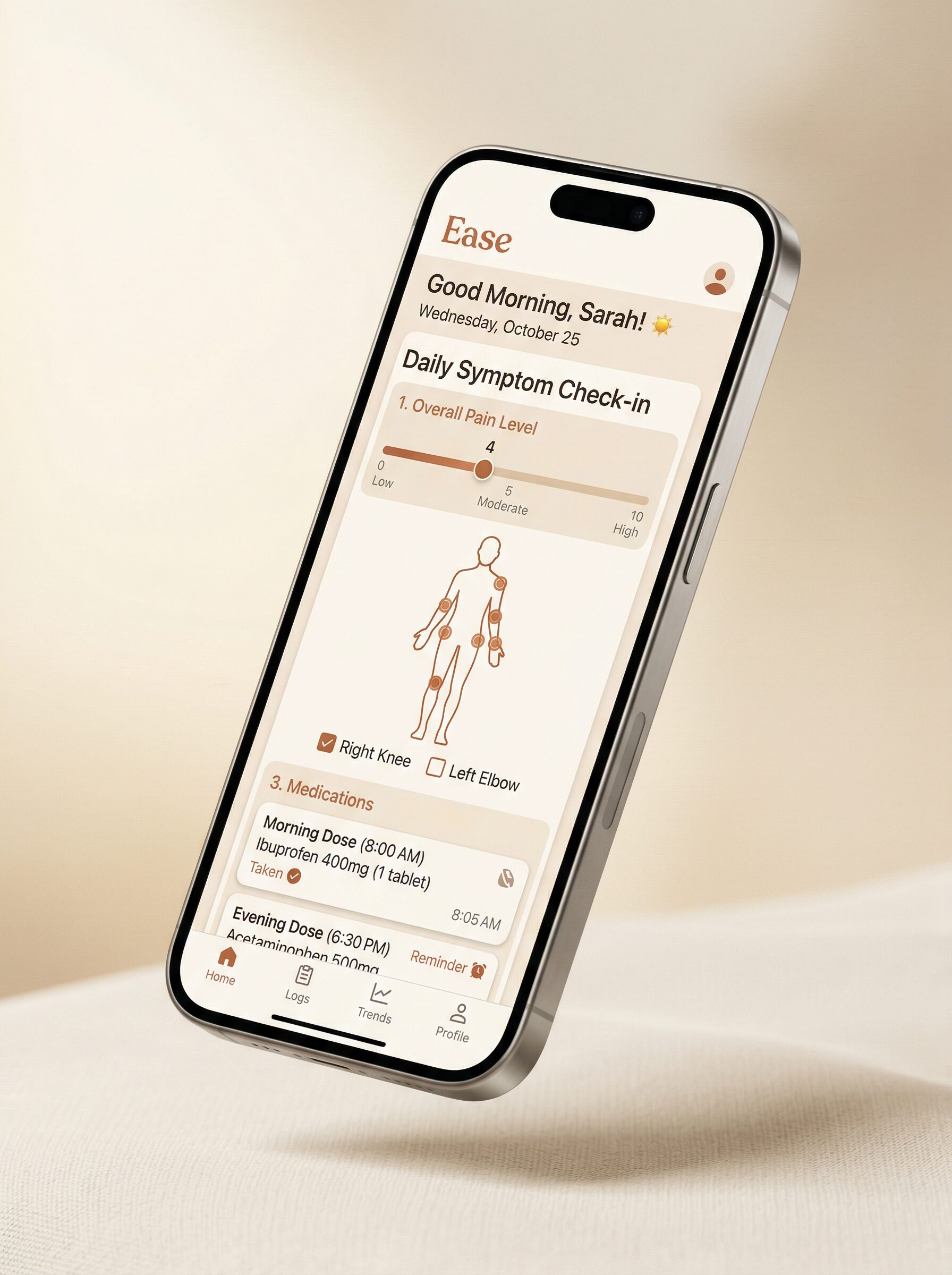 Ease app symptom tracking interface on iPhone