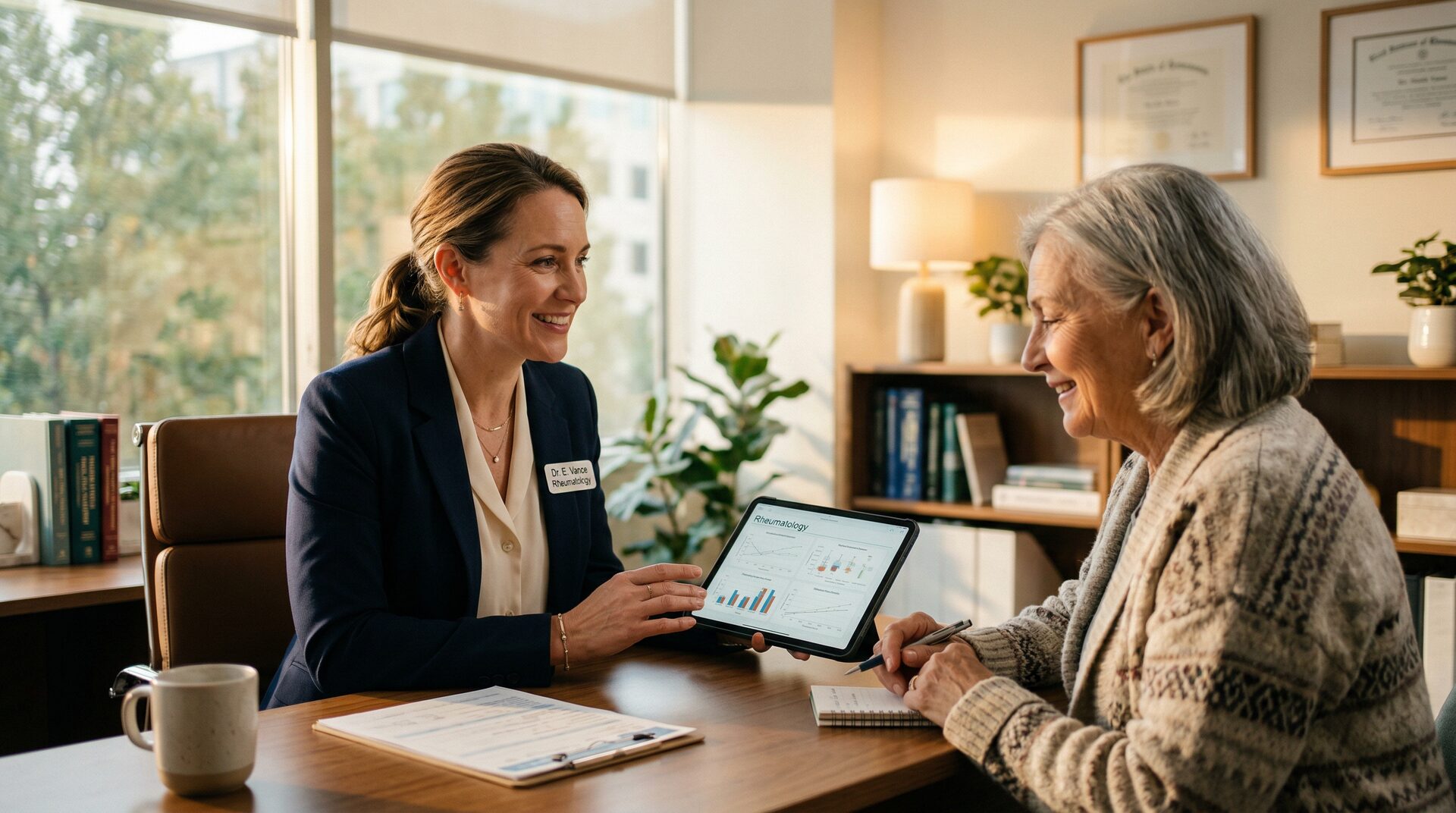 Rheumatologist reviewing patient data on tablet with patient