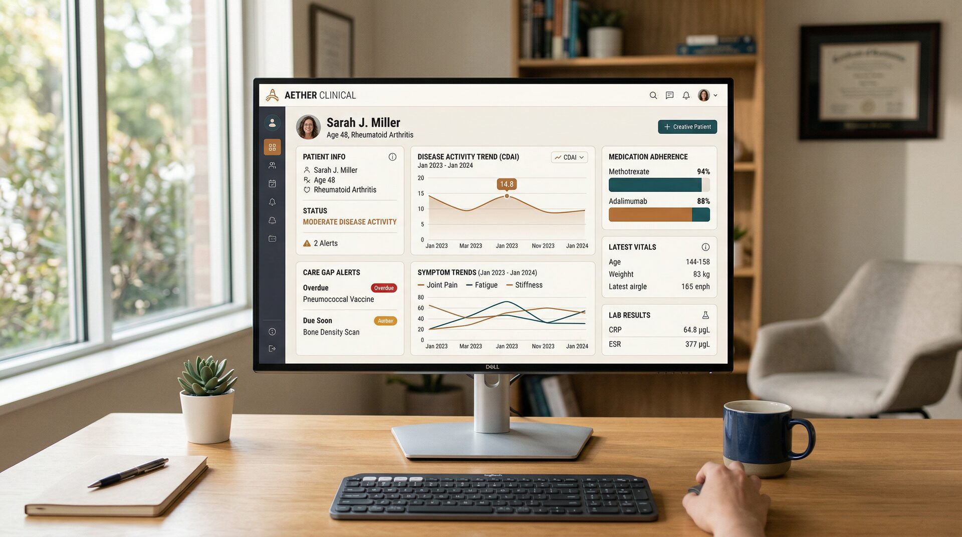 Vital Health clinical intelligence dashboard showing disease activity trends and care gaps