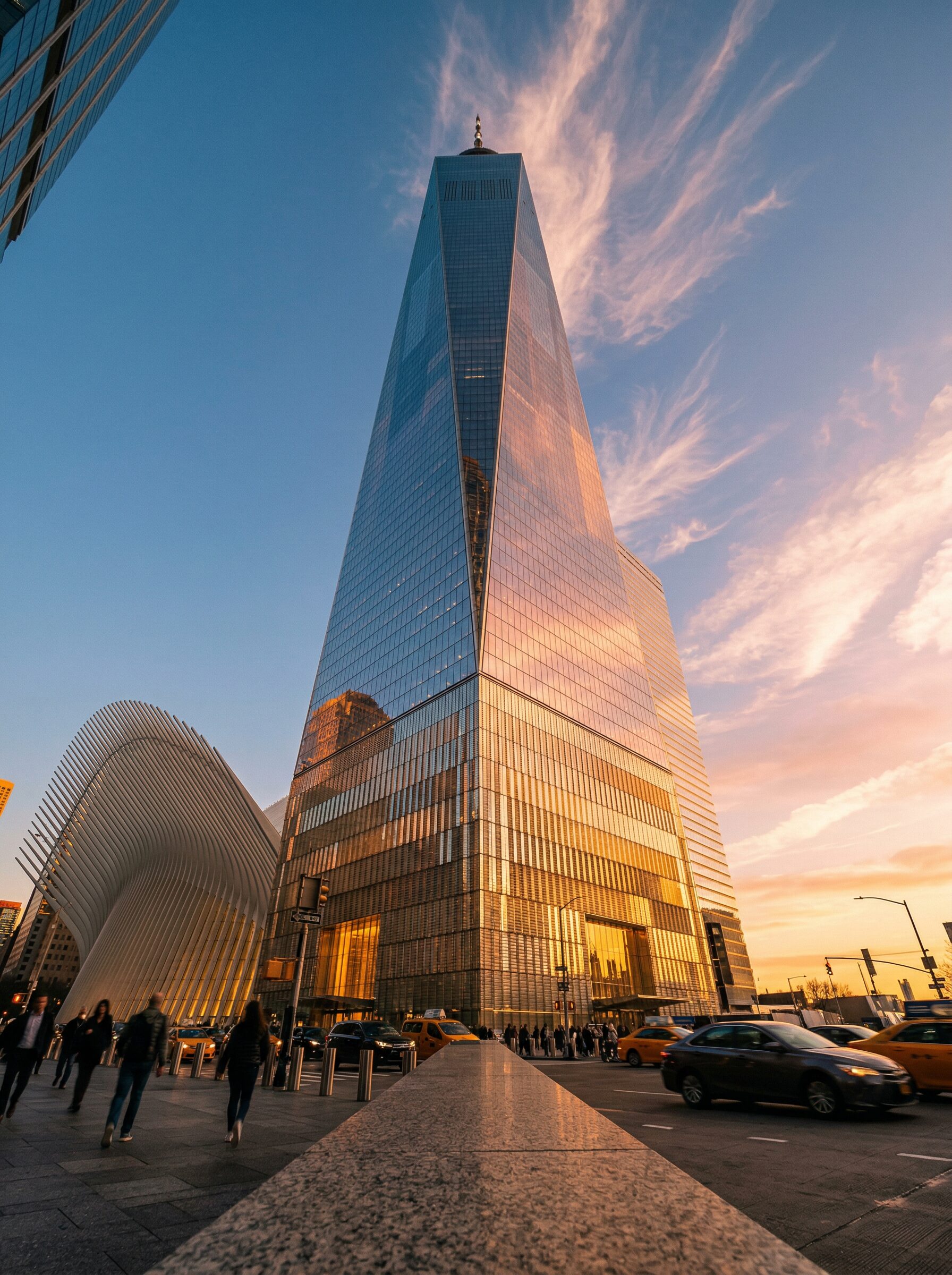 One World Trade Center exterior at sunset