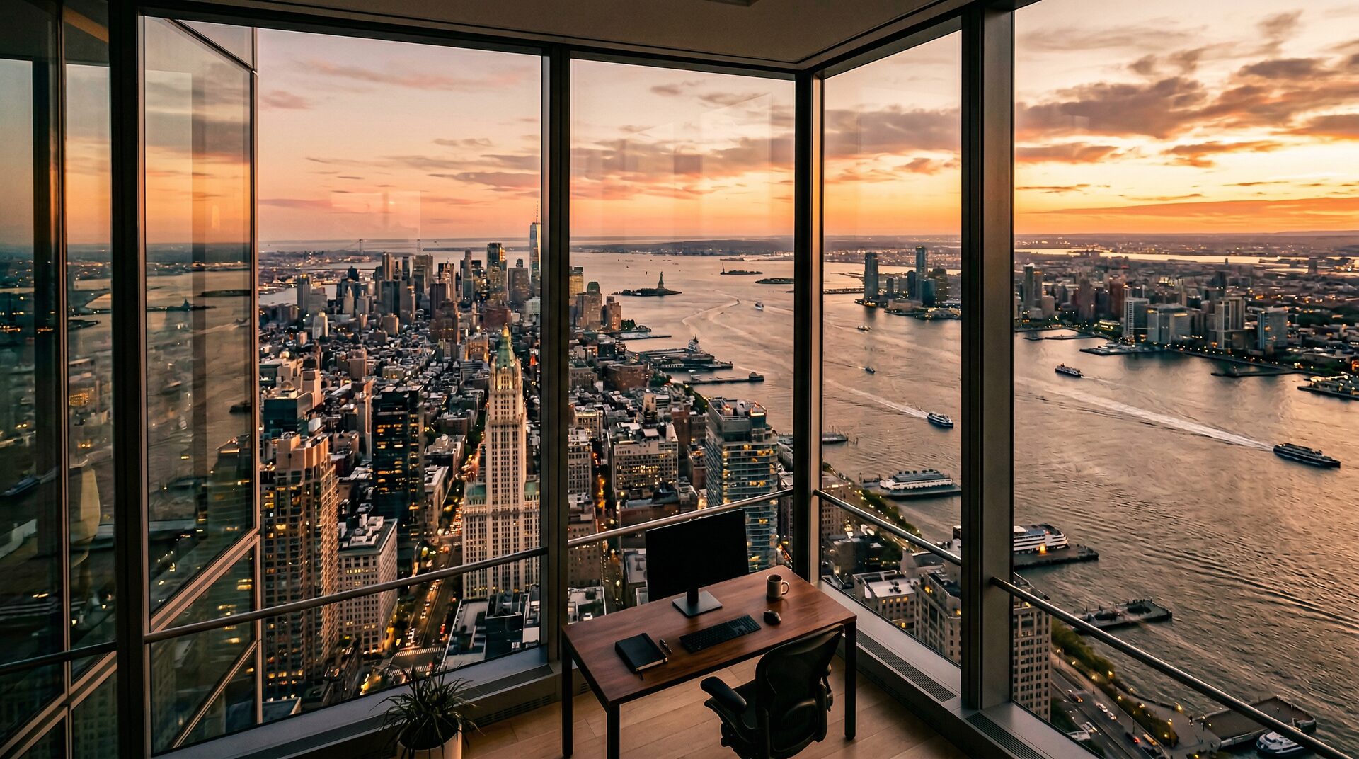 Manhattan skyline view from the 85th floor of One World Trade Center at golden hour